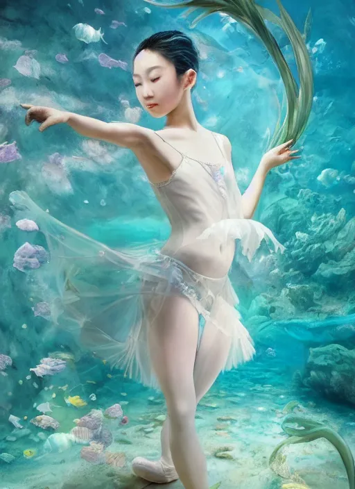 Image similar to stunningly beautiful, asian prima ballerina at the bottom of the great barrier reef, smooth, focus, highly detailed, hyper realistic, dramatic lighting, intricate, concept art, art by wlop, mars ravelo, greg rutowski