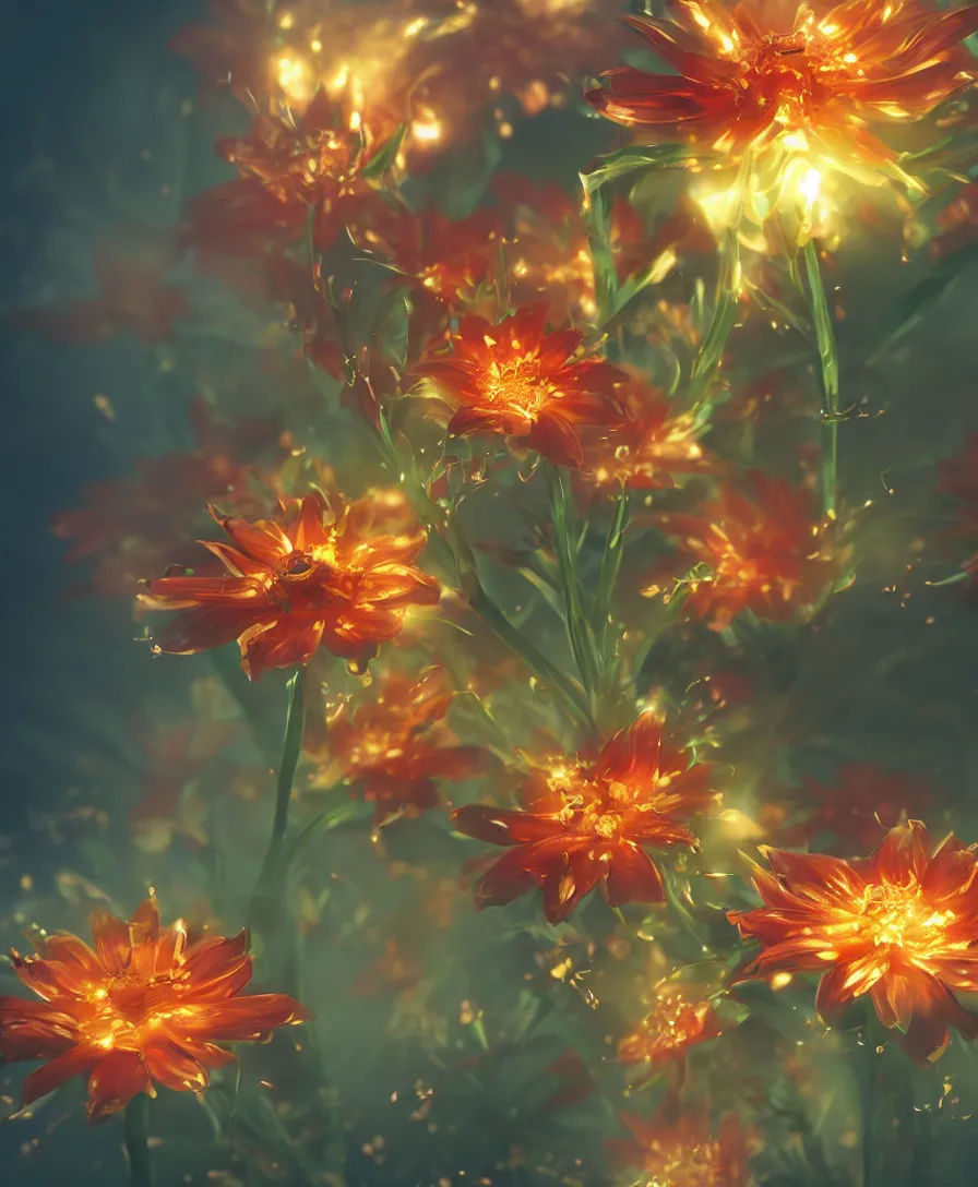 Prompt: macro lens, close up, hyper realistic flower with fire texture on the petals, beaultiful background, bokeh, illustrated by greg rutkowski, beautiful volumetric lighting, intricate, ultra detailed, photorealistic, trending on artstation, octane render, 8 k