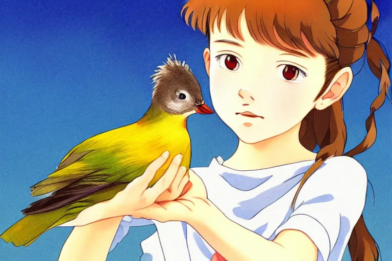 Image similar to young pretty girl holding a bird in her hands, looking touched, Fragile looking character portrait , beautiful scene; highly detailed art, by Studio Ghibli , High contrast, anime art