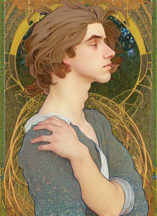 Image similar to pretty young man with shoulder length shiny shimmering golden blond hair, half body shot, emotional, decorative flower patterned background, path traced, highly detailed, high quality, digital painting, by studio ghibli and alphonse mucha, leesha hannigan, hidari, disney, jules bastien - lepage, art nouveau