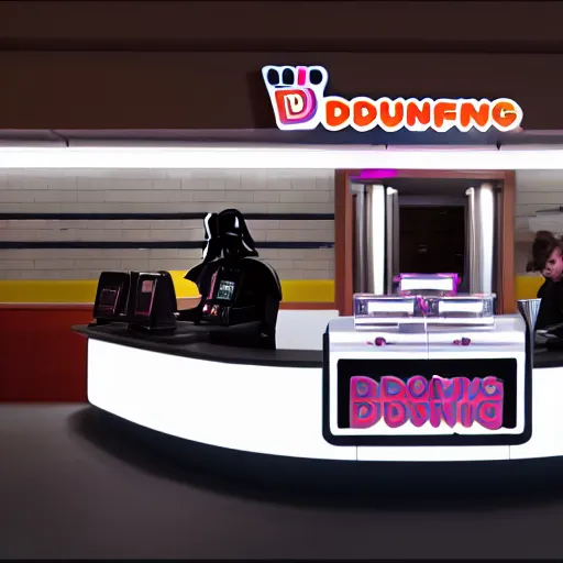 Image similar to darth vador working at dunkin donuts , 8k cinematic lighting, very sharp detail, anatomically correct