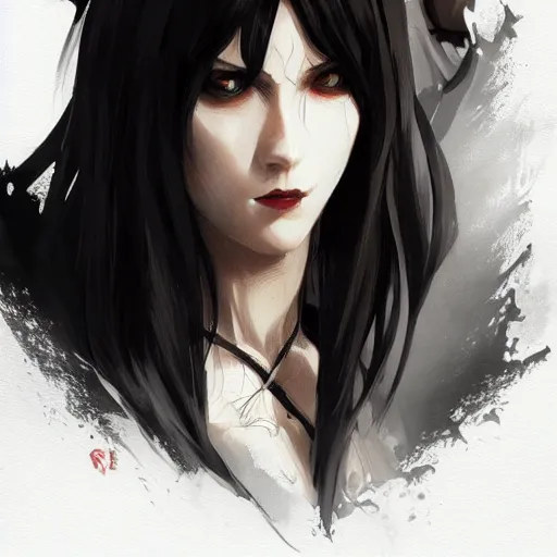 Image similar to female human vampire witch in the style of greg rutkowski, makoto shinkai, trending on artstation, character design, concept art, pretty face, highly detailed, long black hair, portrait, digital art