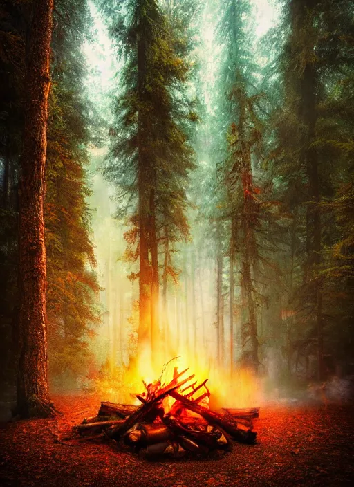 Prompt: cinematic shot epic forest, hyper realistic, mood lighting, fantasy, detailed campfire, highly detailed, super realistic, perfect lighting pixel sorting, style sheet