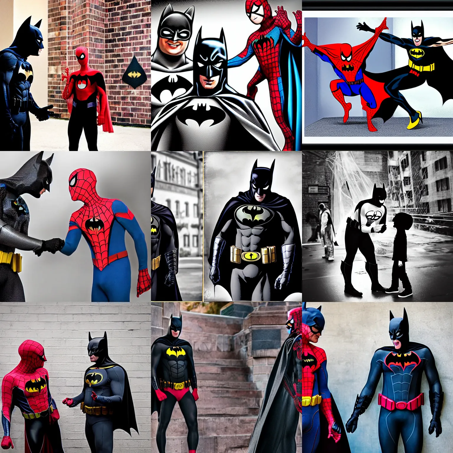 Prompt: Photography, A Batman talking with a Spider man , big smile