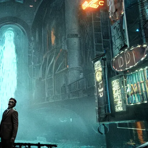 Image similar to cinematic photo of andrew ryan, portrayed by leonardo dicaprio, in a new live - action bioshock movie. the underwater city of rapture is seen shining in the background