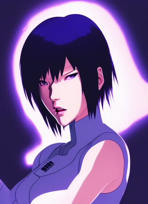 Image similar to a film still fullbody portrait of motoko kusanagi ghost in the shell, finely detailed features, closeup at the faces, perfect art, at a cyberpunk city, gapmoe yandere grimdark, trending on pixiv fanbox, by ilya kuvshinov, rossdraws, artgerm