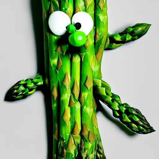 Prompt: poorly rendered asparagus character with scary face