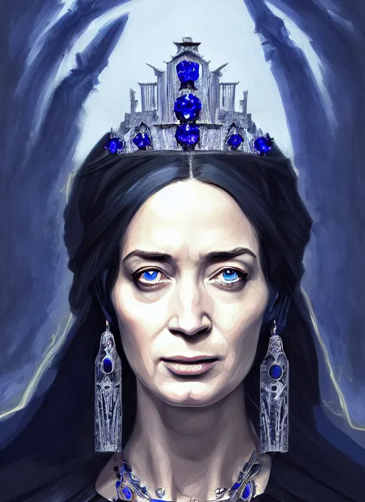 Prompt: portrait of emily blunt as witch queen, jewelry, greek, sapphire, victorian age, 1 8 9 0, intricate, headshot, key visual, conceptart, ambient lighting, highly detailed, digital painting, artstation, concept art, sharp focus, by makoto shinkai and akihiko yoshida and greg manchess