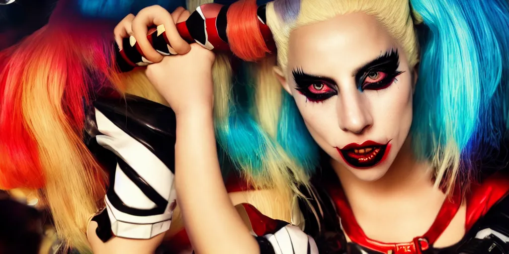 Prompt: lady gaga play harley quinn, beautiful, golden hour, sharp focus, ultra detailed, cgsociety