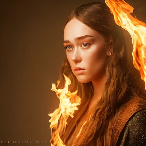 Image similar to full body of alycia debnam carey as a pyromancer , aruze colour aura, dreamwalker, EOS R5, f/2.8, HDR, studio light, medium close shot, dynamic pose, award winning photograph