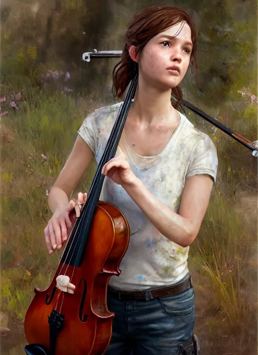 Image similar to portrait of ellie from the last of us in a white dress playing the violin. by Daniel F. Gerhartz, hyperrealistic oil painting, 4k, very detailed faces, studio lightning