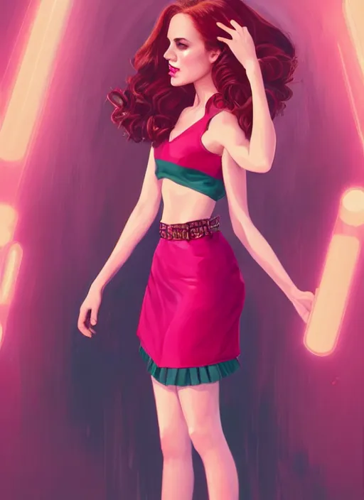 Image similar to full body portrait of teenage cheryl blossom, bangs, green eyes, sultry expression, red hair, sultry smirk, bangs and wavy hair, pink skirt, intricate, elegant, glowing lights, highly detailed, digital painting, artstation, concept art, smooth, sharp focus, illustration, art by wlop, mars ravelo and greg rutkowski