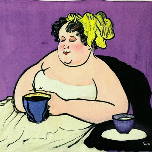 Image similar to a beautiful painting of a beautiful fat woman wearing a nightgown drinking coffee in a bed with white sheets in the style of in the style of Telous Lautrec