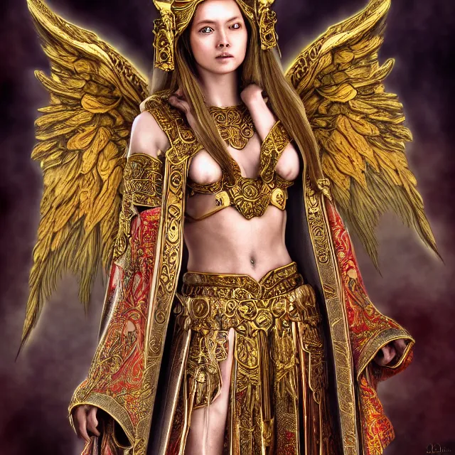 Prompt: beautiful angel warrior queen in ornate robes, highly detailed, 8 k, hdr, award - winning, ann stokes