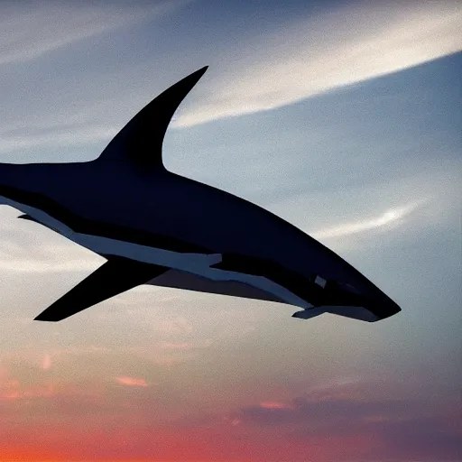 Image similar to air shark flying in the sky, metallic, shiny, chrome, clouds