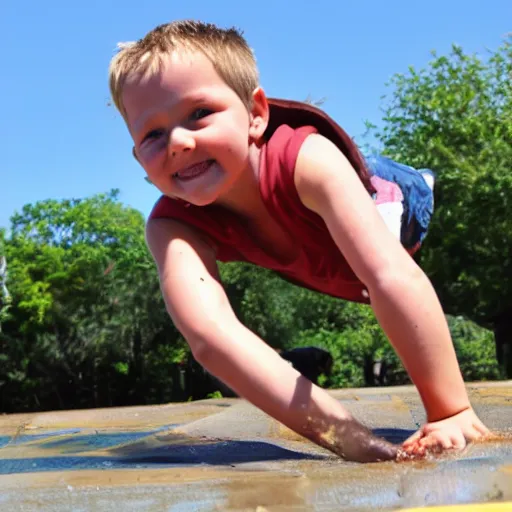 Image similar to kid sliding down chocolate pudding slip n slide head first, professional photo taken at the park