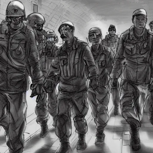 Prompt: military android leading a group of captured humans to a detention center, dystopian nightmares, grungy, photorealistic, highly detailed