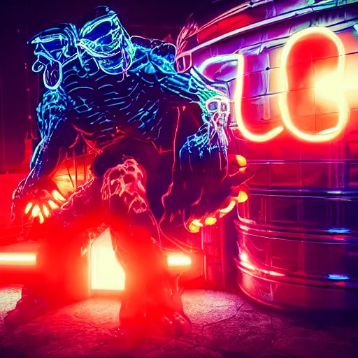 Image similar to a monster, neon lights, red, blue, green, dramatic lighting, heroic exposure, cool