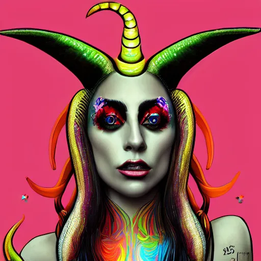 Image similar to an extremely psychedelic portrait of lady gaga as baphomet, surreal, lsd, face, detailed, intricate, elegant, lithe, highly detailed, digital painting, artstation, concept art, smooth, sharp focus, illustration,