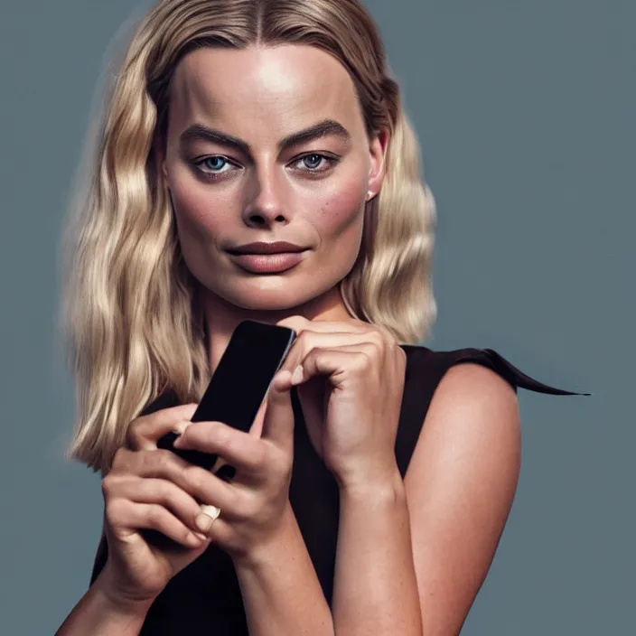 Image similar to portrait of margot robbie, holding iphone. very coherent symmetrical artwork. cinematic, hyper realism, high detail, octane render, 8 k, iridescent accents