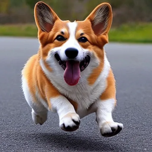 Image similar to people running away screaming scared for their life from a cute derpy corgi with the tongue out