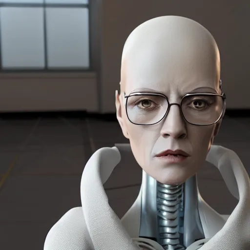 Image similar to showcase of a new female robot companion modeled after female walter white, 4k, realistic, unreal engine render, trending in artstation, artstationHD, artstationHQ