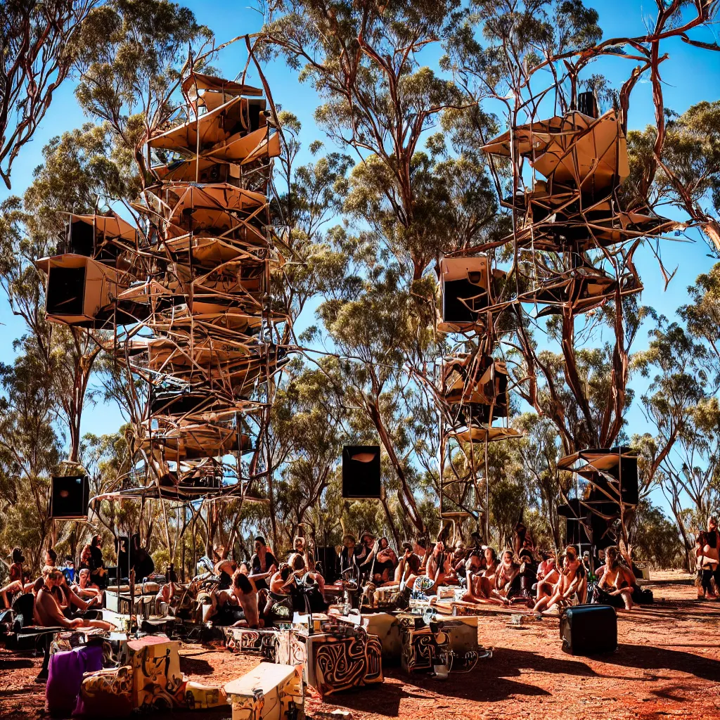 Image similar to psytrance party in the australian outback, with dancefloor and speaker stack, with beautiful architecturally designed living structures, concept art, urban planning, XF IQ4, 150MP, 50mm, F1.4, ISO 200, 1/160s, natural light