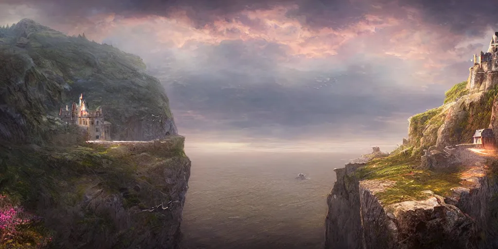 Prompt: Castle on the edge of a cliff overlooking the ocean by Jessica Rossier