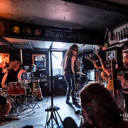Prompt: a heavy metal band playing live music on stage in a tiny pub in England, empty room, dark concert lighting, center angle, close shot, professional photograph