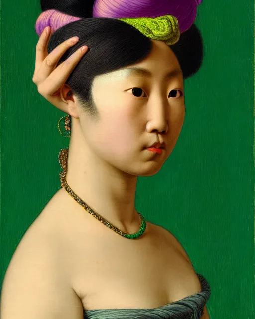 Image similar to photo-realistic portrait of an asian woman with purple hair buns, wearing a neon green dress by Vivienne Westwood, intricate details, masterpiece, in the style of Jean Auguste Dominique Ingres, black background
