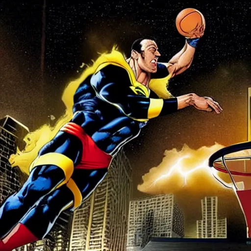 Image similar to black adam from dc comics dunking a basketball over superman on a city court at midnight. a major magical lightning storm in the sky.