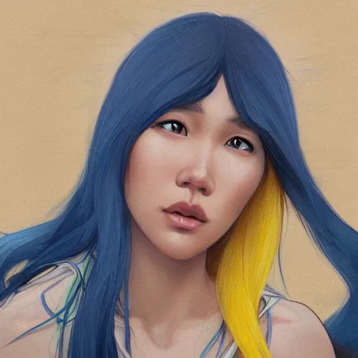 Image similar to filipino girl with blue - yellow hair and a nose band aid, highly detailed, digital painting, artstation, concept art, smooth, sharp focus, illustration, art by artgerm and greg rutkowski and alphonse mucha
