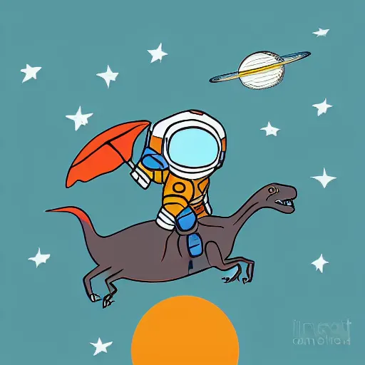 Prompt: an astronaut riding on a dinosaur, digital art