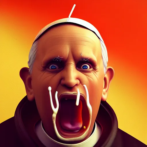 Image similar to Portrait of The Pope eating a big mac, anger, mystery, fear, highly detailed, ominous vibe, smoke, octane render, cgsociety, artstation, trending on ArtStation, by Marie Magny