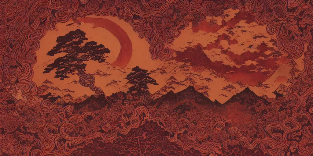 Image similar to dark red paper with intricate designs,tarot card ,a mandelbulb fractal dolomites and hay monsters, tyrolean folklore masks,full of golden layers, flowers, cloud, vines, mushrooms, swirles, curves, wave,by Hokusai and Mike Mignola, trending on artstation,elaborate dark red ink illustration