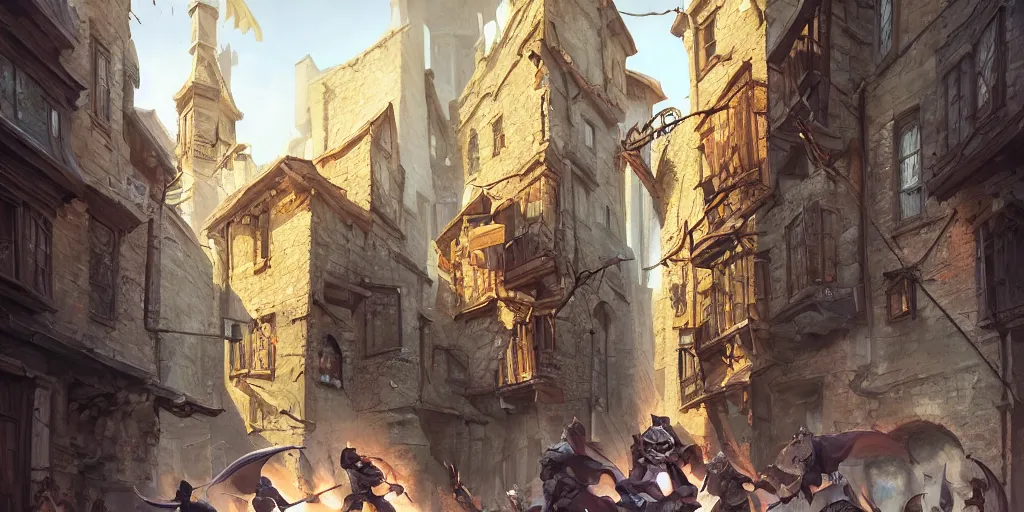 Image similar to an exciting fantasy street battle within a fascinating old city, narrow streets, old buildings, by Sylvain Sarrailh, cinematic, simple but effective composition, clean lines, beautiful digital painting, oil painting, ultra photo-real render, great character design, dungeons and dragons, lord of the rings, close up characters, fantasy races