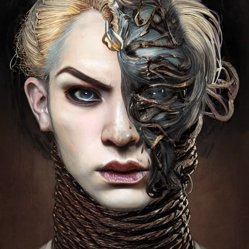 Prompt: portrait of a Shibari rope wrapped face and neck, headshot, insanely nice professional hair style, dramatic hair color, digital painting, of a old 15th century, old cyborg merchant, amber jewels, baroque, ornate clothing, scifi, realistic, hyperdetailed, chiaroscuro, concept art, art by Franz Hals and Jon Foster and Ayami Kojima and Amano and Karol Bak,