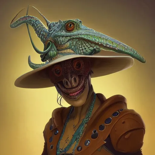 Image similar to an anthropomorphic chameleon wearing a 10-gallon hat, full body portrait, wide angle, D&D, fantasy, intricate, elegant, highly detailed, digital painting, artstation, concept art, matte, sharp focus, illustration, hearthstone, art by Artgerm and Greg Rutkowski and Alphonse Mucha