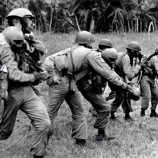 Image similar to dinosaurs in the vietnam war fighting alongside us soldiers in the vietnam war, black and white, eddie adams, david burnett, robert capa, al chang, niel davis, marc riboud