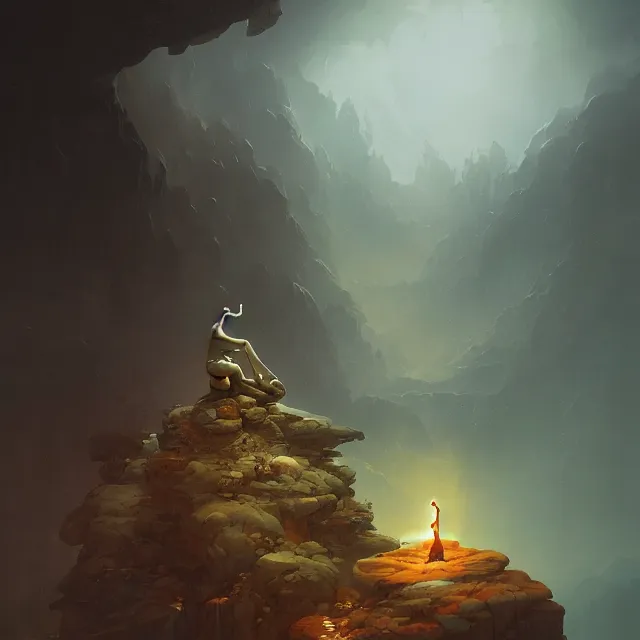 Image similar to in the style of peter mohrbacher, a glowing monk floating and meditating on a rock, dystopian landscape, intricate, masterpiece, award winning, fantasy, hyperrealism intricate