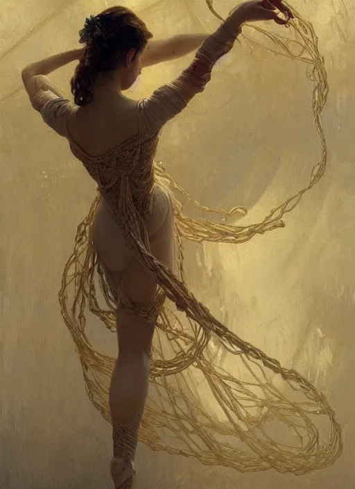 Prompt: a beautifull intricate rope painting of a dancing ballerina, reflexions, verry high details by william turner art, greg rutkowski and alphonse mucha, trending on artstation, very very detailed, masterpiece, muted colors
