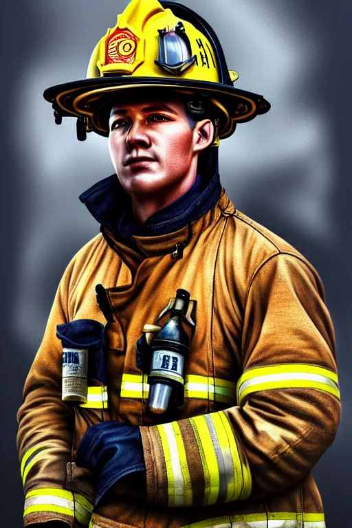 Prompt: firefighter, man, highly detailed, 4 k, hdr, smooth, sharp focus, high resolution, artgerm, photorealistic