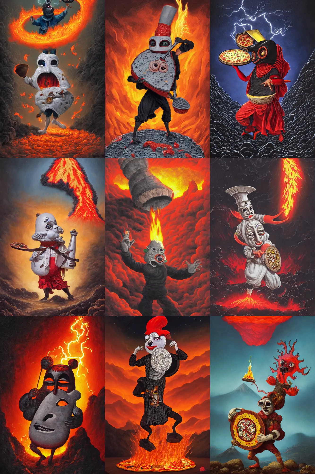 Image similar to an extremely detailed pulcinella like character wearing a mask holding a large pizza in front of a volcano spewing lava and black smoke, from below, streams of glowing hot lava, flashes of lightning in the distance, wide shot, long shot, an ultrafine detailed painting by joe fenton, deviantart, pop surrealism, whimsical