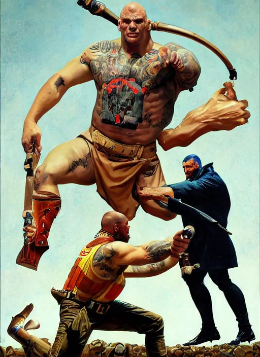 Prompt: full body and head portrait of martyn ford wearing a trench coat vs dave bautista as juggernaut, painted by norman rockwell and phil hale and greg staples and tom lovell and frank schoonover and jack kirby