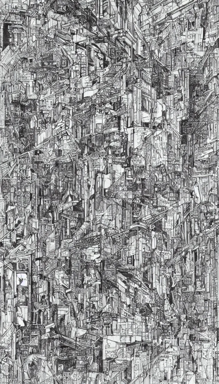 Image similar to a black and white drawing of a building, a detailed mixed media collage by hiroki tsukuda and eduardo paolozzi, intricate linework, sketchbook drawing, street art, polycount, deconstructivism, matte drawing, academic art, constructivism