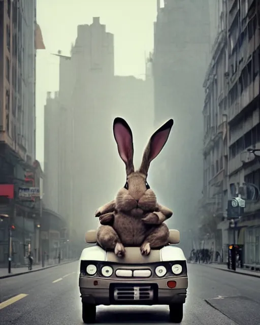 Prompt: epic pose!!! giant oversized battle rabbit robot chubby mech baby wheelchair double decker with giant oversized ears and rabbit babies ,in busy city , full body , Cinematic focus, Polaroid photo, vintage , neutral dull colors, soft lights, foggy mist , by oleg oprisco , by national archives, by discovery channel, by victor enrich , by gregory crewdson