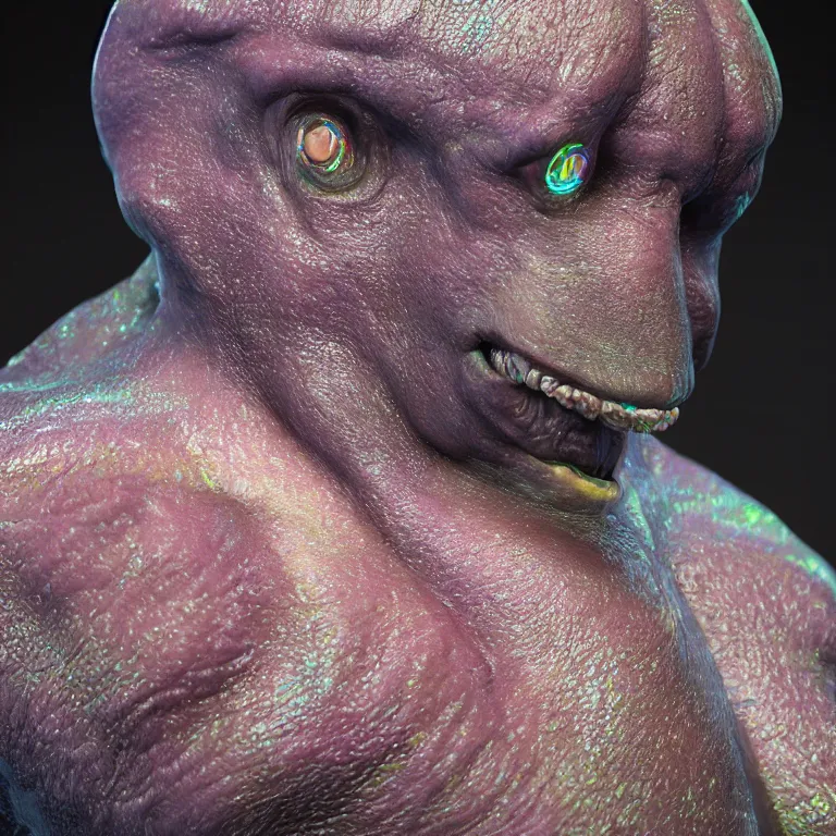 Image similar to octane render portrait by wayne barlow and carlo crivelli and glenn fabry, a deep ocean mariana trench creature made out inflated iridescent plastic and bioluminescence, cinema 4 d, ray traced lighting, very short depth of field, bokeh