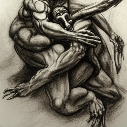 Prompt: cthulhu kidnapping a human, michelangelo drawing sketch, graphite