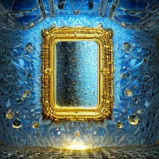 Image similar to an incredibly beautiful world of multifaceted crystal and polished mirrors in the style of erik johansson by dr. seuss covered in intricate gold leaf detail with soft indirect lighting, an ultrafine detail, final fantasy, cinematic colors, behance contest winner, unreal engine 5 highly rendered, global illumination, radiant light, detailed and intricate environment