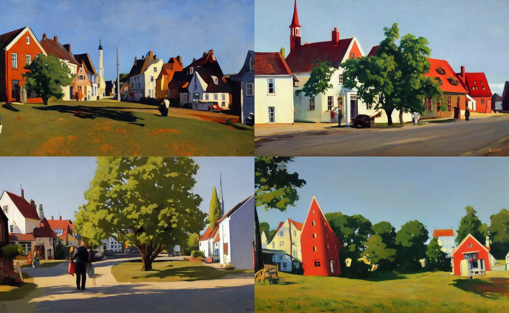 Prompt: a quaint rural Danish town, painting by Ben Aronson and Edward Hopper